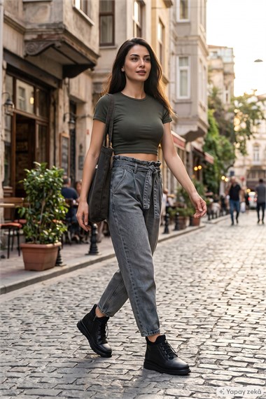 Kadın Siyah Fermuarlı Bağcıklı Hakiki Deri Bot