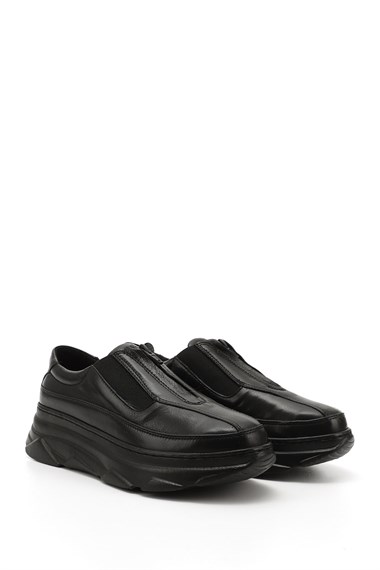 Womens Black Zippered Wedge Sole Genuine Leather Sneakers