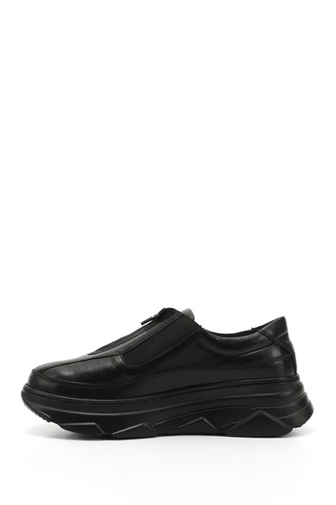 Womens Black Zippered Wedge Sole Genuine Leather Sneakers