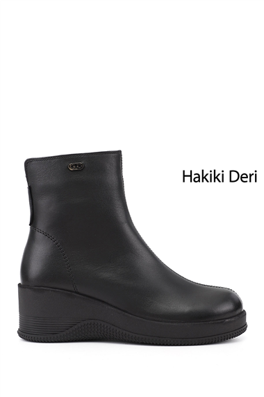 Kadın Siyah Fermuarlı Dolgu Topuklu Hakiki Deri Bot