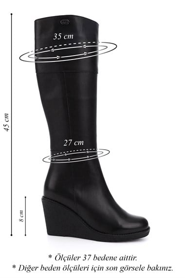 Womens Black Zippered Wedge Heel Genuine Leather Boots