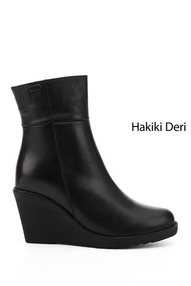 Kadın Siyah Fermuarlı Dolgu Topuklu Hakiki Deri Bot