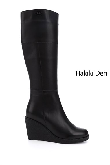 Womens Black Zippered Wedge Heel Genuine Leather Boots