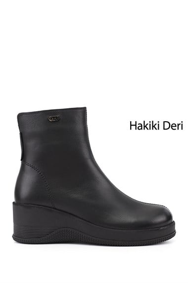 Kadın Siyah Fermuarlı Dolgu Topuklu Hakiki Deri Bot