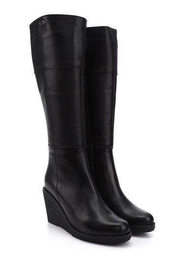 Womens Black Zippered Wedge Heel Genuine Leather Boots