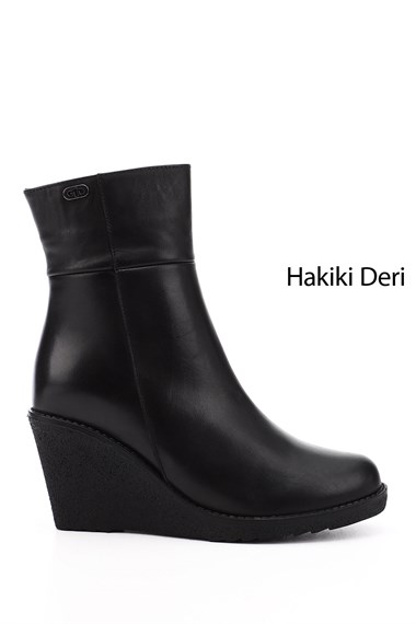 Kadın Siyah Fermuarlı Dolgu Topuklu Hakiki Deri Bot
