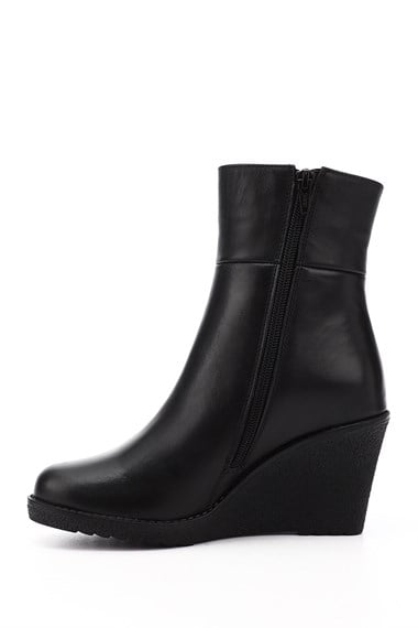 Womens Black Zippered Wedge Heel Genuine Leather Boots