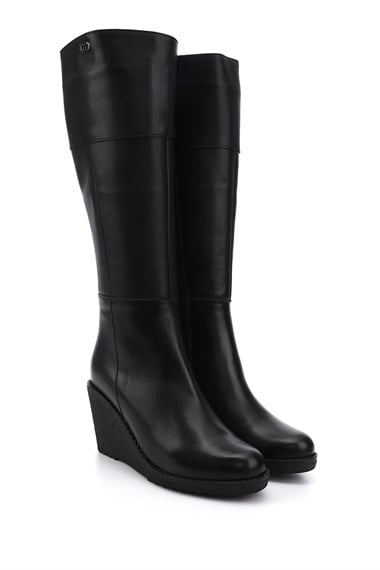 Womens Black Zippered Wedge Heel Genuine Leather Boots