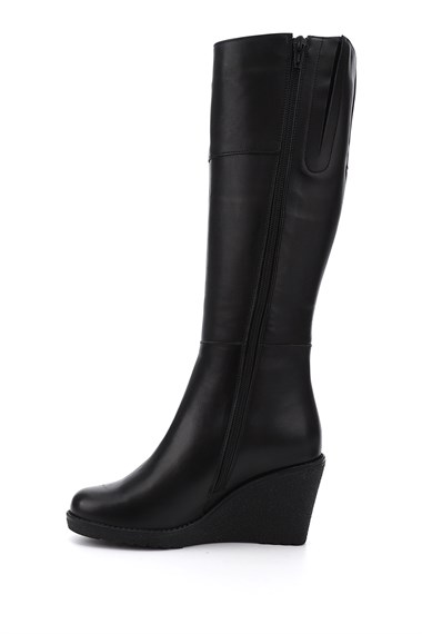 Womens Black Zippered Wedge Heel Genuine Leather Boots