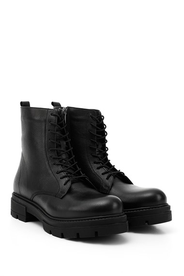 Womens Black Genuine Leather Zippered Combat Boots