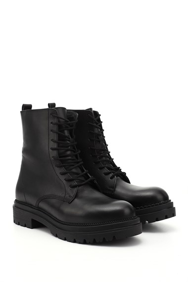 Womens Black Genuine Leather Zippered Combat Boots