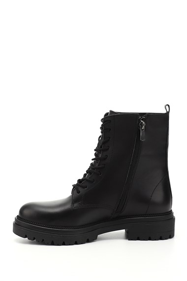 Womens Black Genuine Leather Zippered Combat Boots