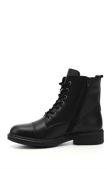 Womens Black Zippered Genuine Leather Combat Boots