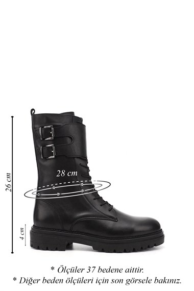 Womens Black Genuine Leather Zippered Combat Boots