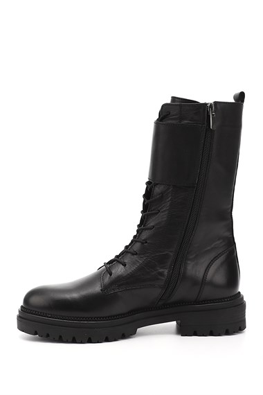 Womens Black Genuine Leather Zippered Combat Boots