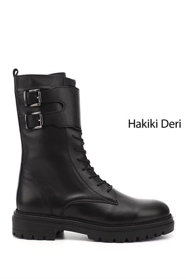 Womens Black Genuine Leather Zippered Combat Boots