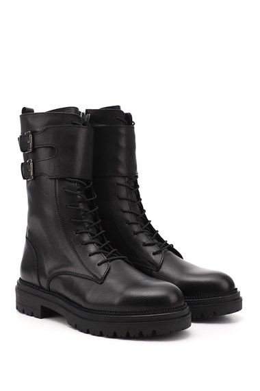 Womens Black Genuine Leather Zippered Combat Boots