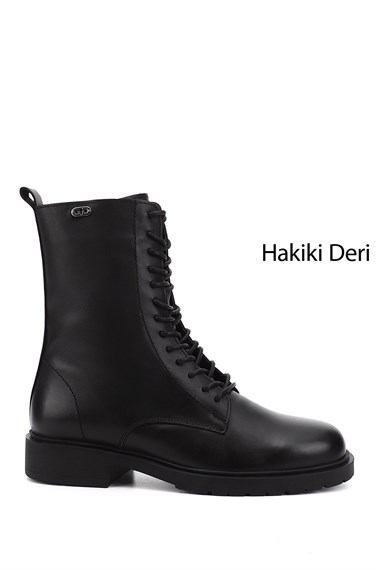 Kadın Siyah Fermuarlı Hakiki Deri Postal Bot