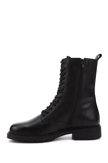 Womens Black Zippered Genuine Leather Combat Boots