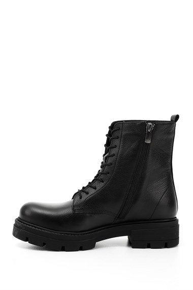 Womens Black Genuine Leather Zippered Combat Boots