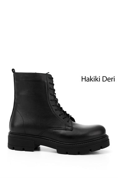 Womens Black Genuine Leather Zippered Combat Boots