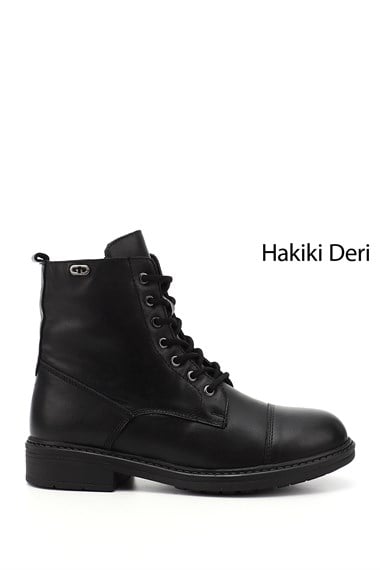 Womens Black Zippered Genuine Leather Combat Boots