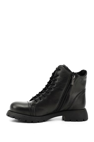 Womens Black Genuine Leather Zippered Combat Boots