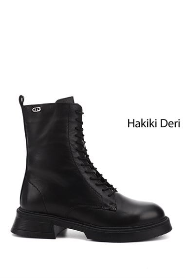 Kadın Siyah Fermuarlı Kalın Taban Hakiki Deri Postal Bot