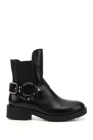 Womens Black Zippered Chunky Heel Biker Boots