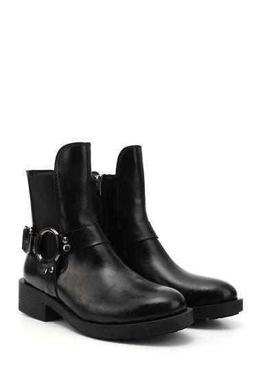 Womens Black Zippered Chunky Heel Biker Boots