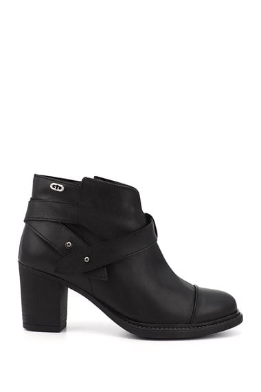Kadın Siyah Fermuarlı Kalın Topuklu Bot