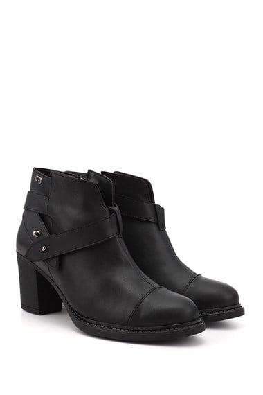 Kadın Siyah Fermuarlı Kalın Topuklu Bot
