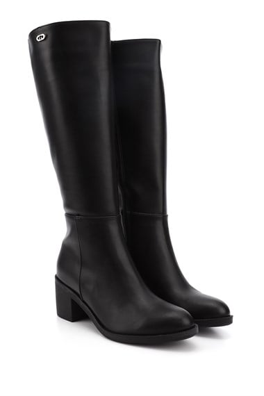 Womens Black Zippered Chunky Heel Boots