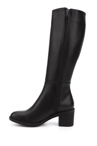 Womens Black Zippered Chunky Heel Boots