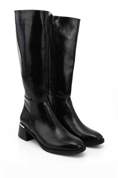 Womens Black Zip-Up Chunky Heel Boots