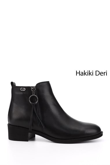 Kadın Siyah Fermuarlı Kalın Topuklu Fermuarlı Hakiki Deri Bot