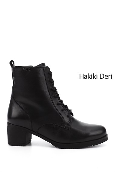 Kadın Siyah Fermuarlı Kalın Topuklu Hakiki Deri Postal Bot