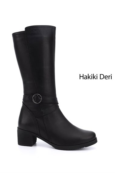 Womens Black Zippered Thick Heel Genuine Leather Boots