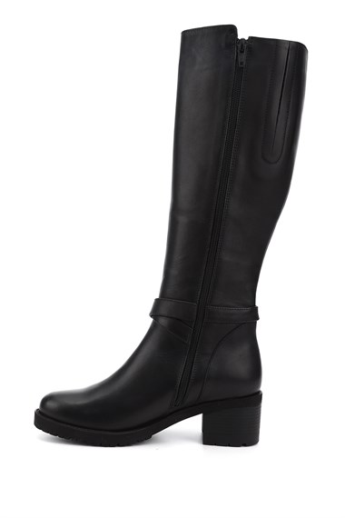 Womens Black Zippered Thick Heel Genuine Leather Boots