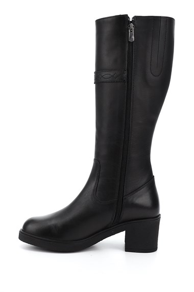 Womens Black Zippered Thick Heel Genuine Leather Boots