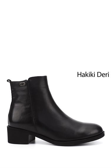 Womens Black Zippered Thick Heeled Genuine Leather Boots
