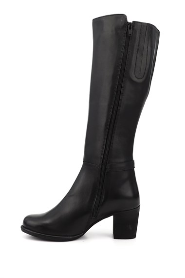 Womens Black Zippered Thick Heel Genuine Leather Boots