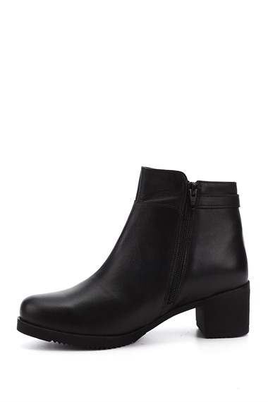 Kadın Siyah Fermuarlı Kalın Topuklu Hakiki Deri Bot