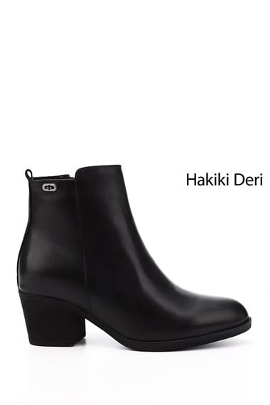 Womens Black Zippered Thick Heel Genuine Leather Boots