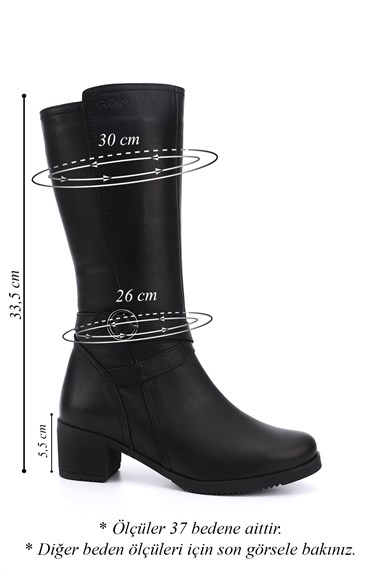 Womens Black Zippered Thick Heel Genuine Leather Boots