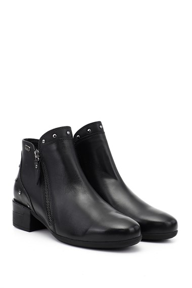 Womens Black Zip-Up Chunky Heel Genuine Leather Boots