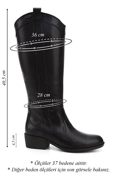 Womens Black Zippered Thick Heel Genuine Leather Cowboy Boots
