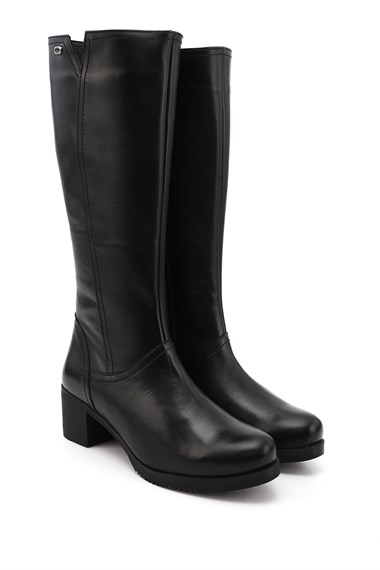 Womens Black Zippered Thick Heel Genuine Leather Boots