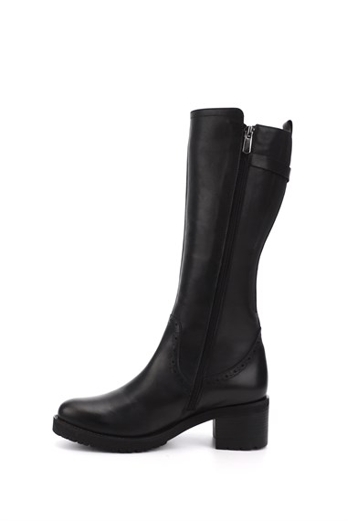 Womens Black Zippered Thick Heel Genuine Leather Boots