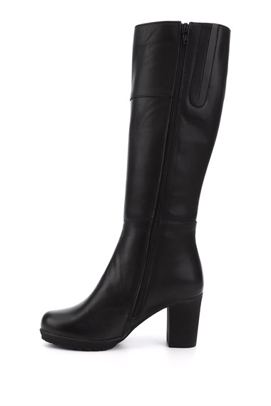 Womens Black Zippered Thick Heel Genuine Leather Boots